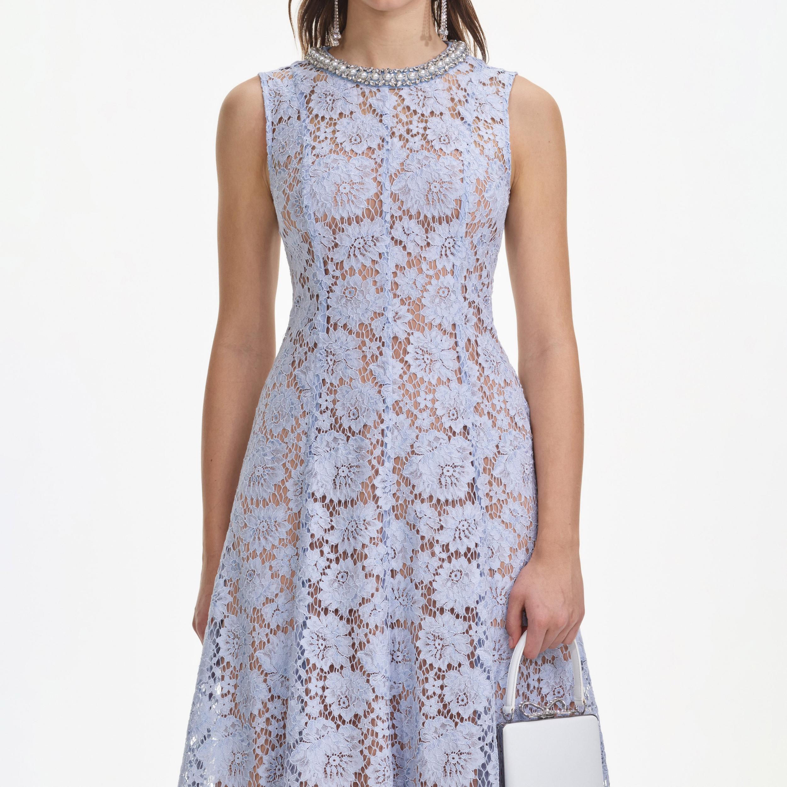 Blue Fine Lace Pearl Midi Dress Product Image