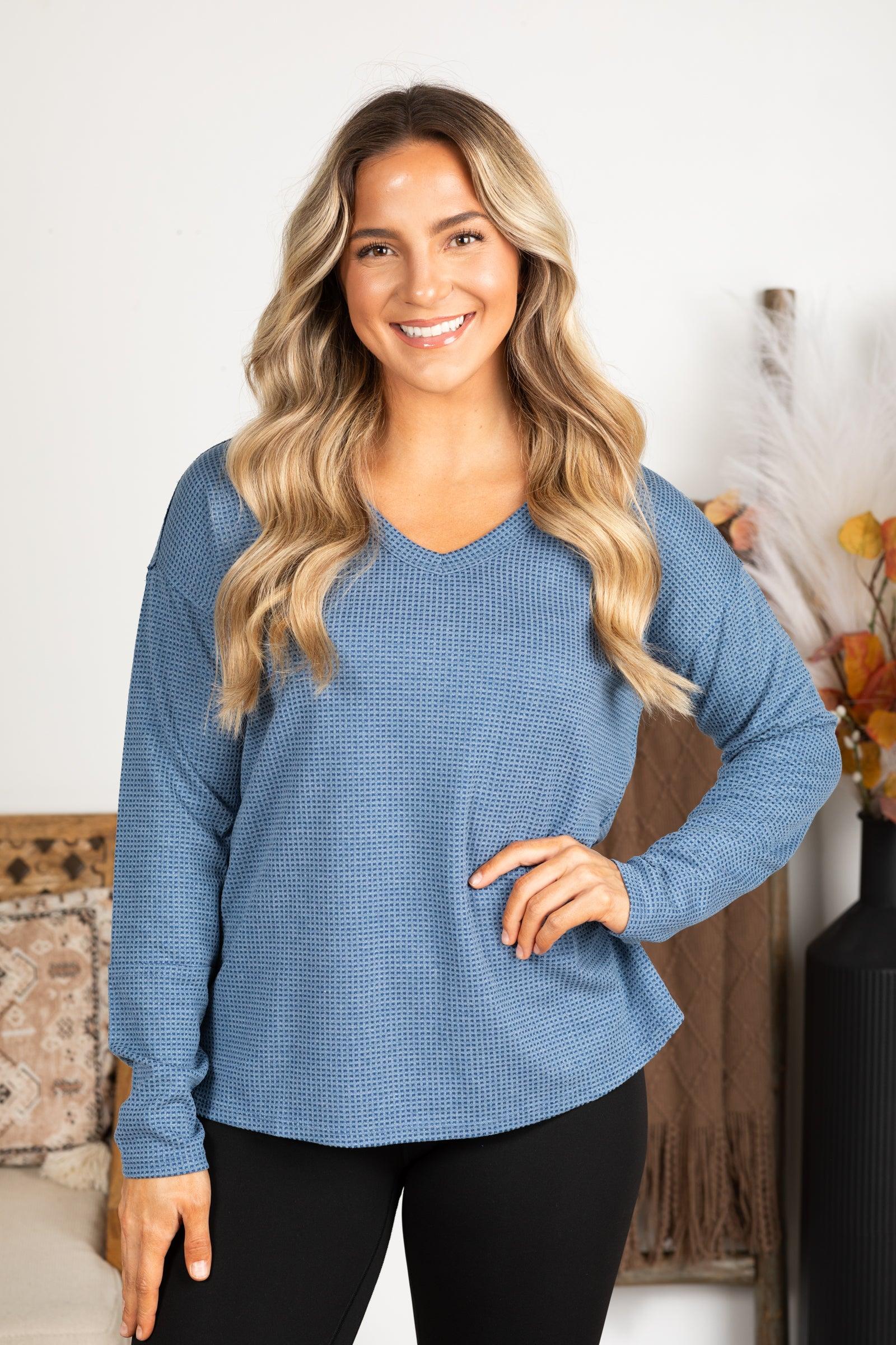 Waffle Knit Long Sleeve V-Neck Top Product Image