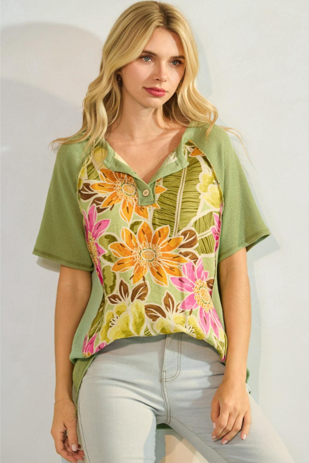 Floral Knit Button Front Short Sleeve Top Product Image