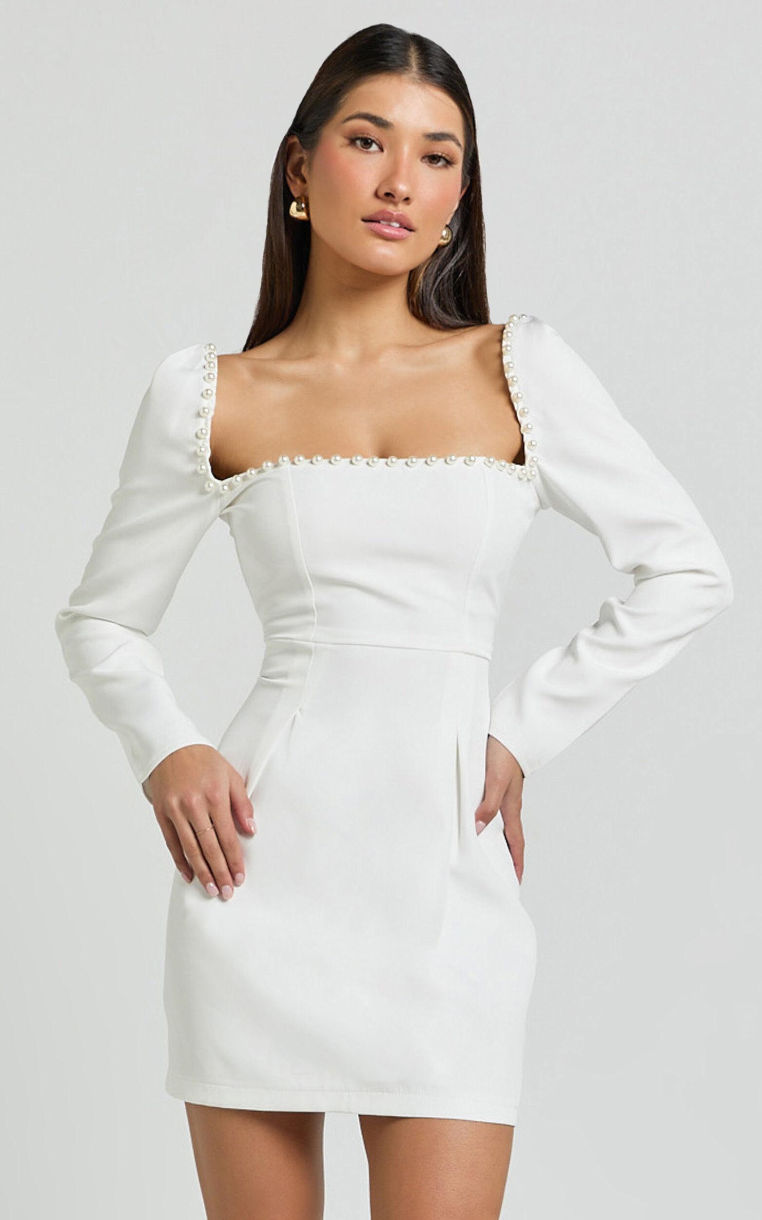 Edelyn Mini Dress - Square Neck Long Sleeve A Line Dress in White Product Image