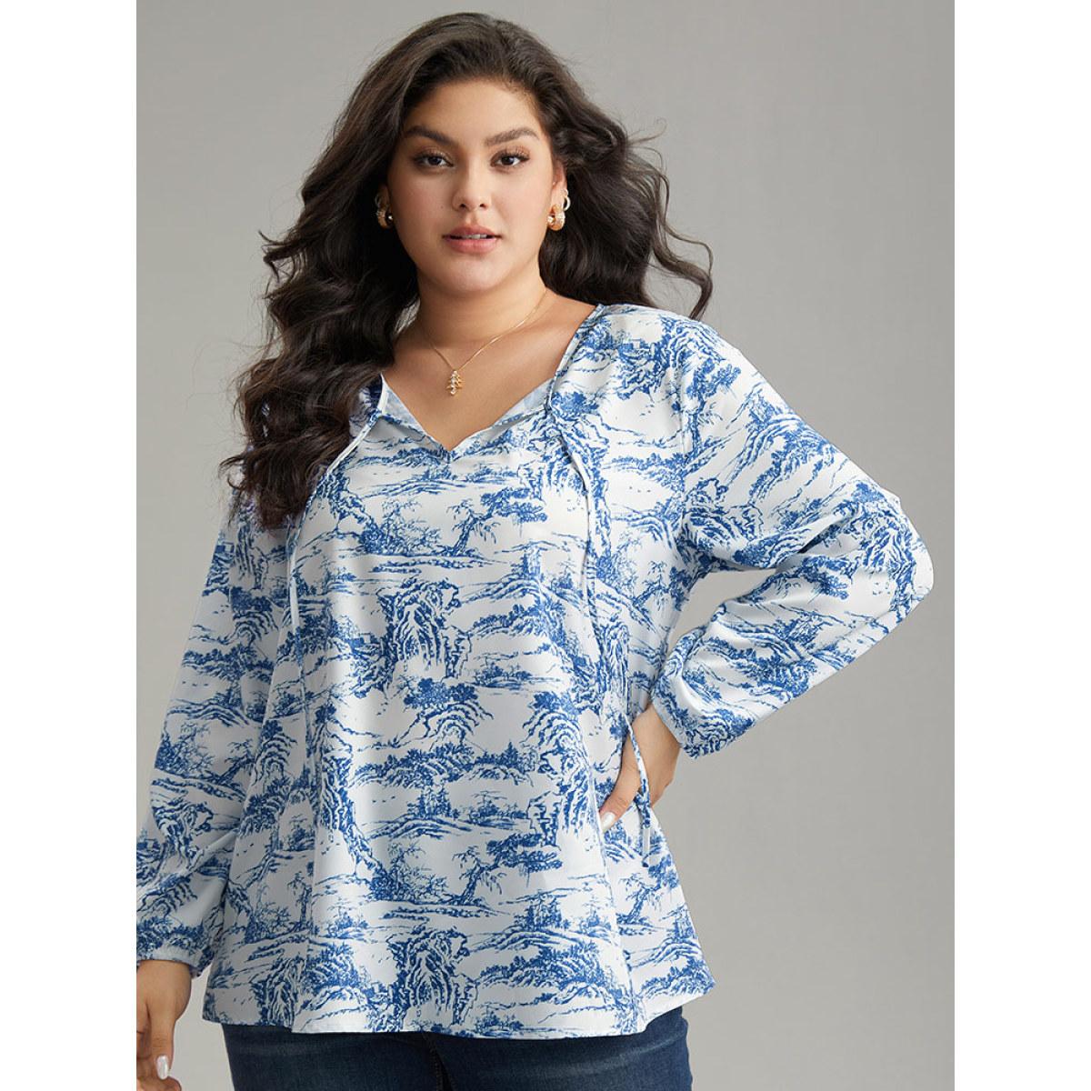 Plus Size Blue Landscape Print Tie Neck Blouse Women Elegant Long Sleeve Tie Neck Dailywear Blouses BloomChic 18-20/2X Product Image