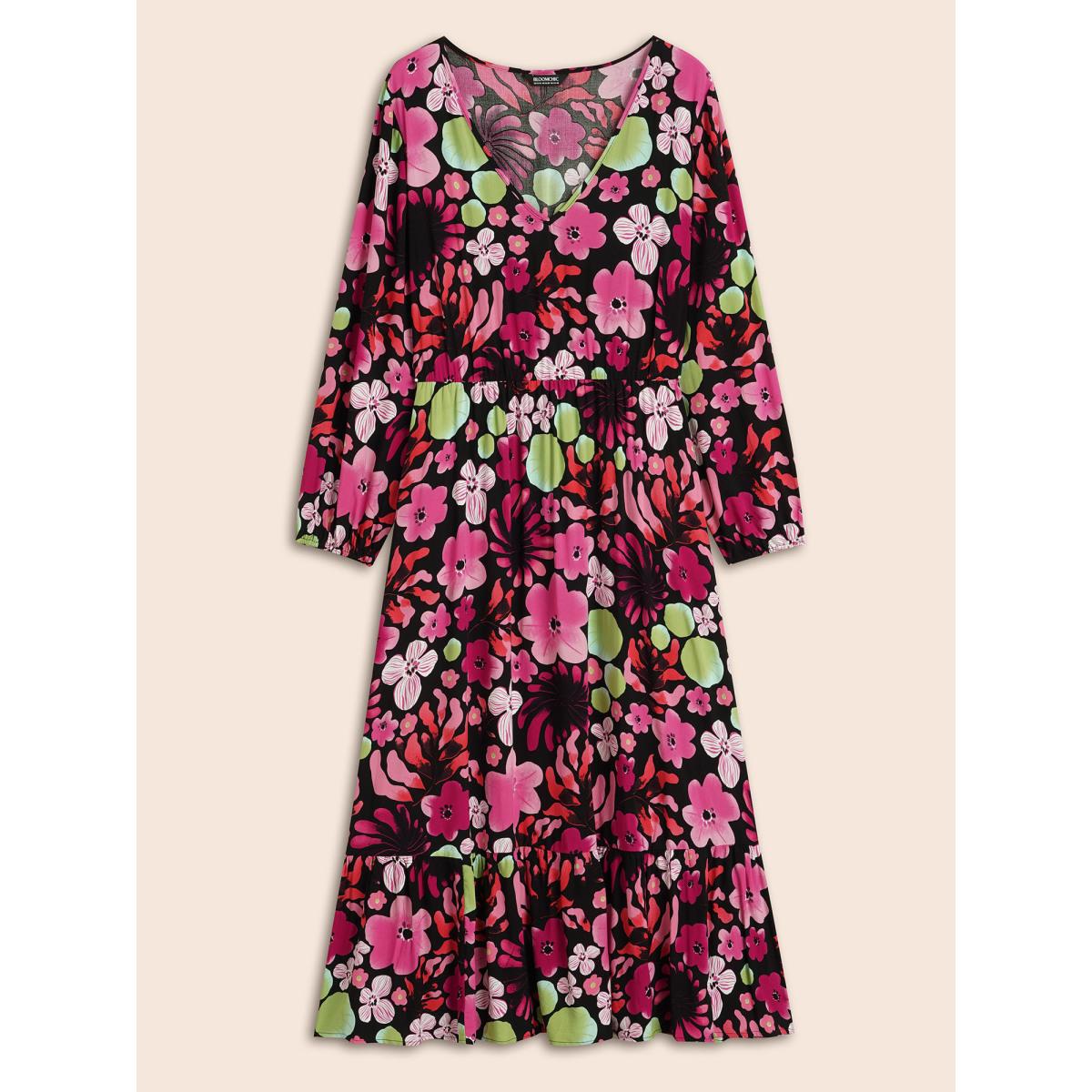 Plus Size Floral V Neck Lantern Sleeve Dress Black Women Elegant Non V-neck Long Sleeve Curvy BloomChic 14-16/1X Product Image