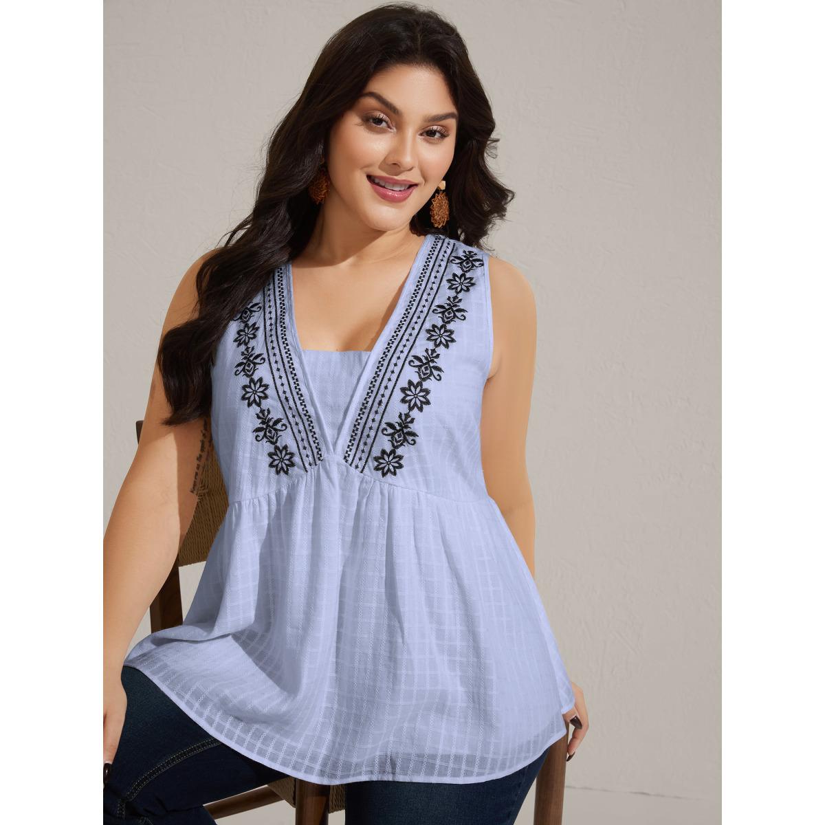 Plus Size Pure Cotton Jacquard Embroidered Tank Top Women Yellowishbrown Boho Texture Square Neck Vacation Tank Tops Camis BloomChic 10/M Product Image