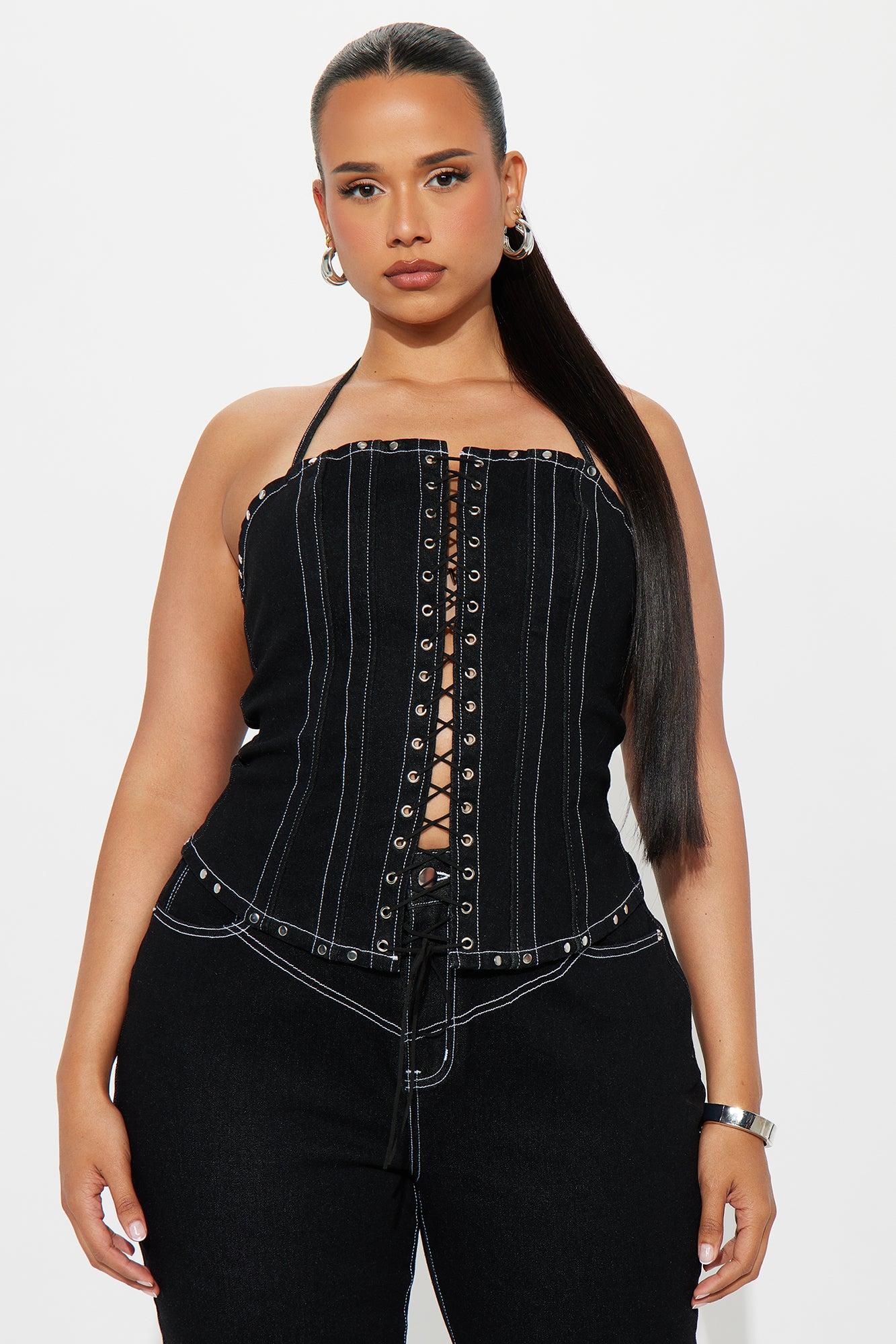 After Dark Lace Up Corset Capri Pant Set  - Black Female Product Image