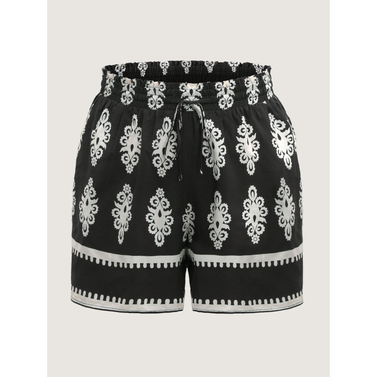 Plus Size Boho Print Wide-Leg Shorts Women BlackFlower Boho Contrast Wide Leg Vacation Shorts BloomChic 30/6X Product Image