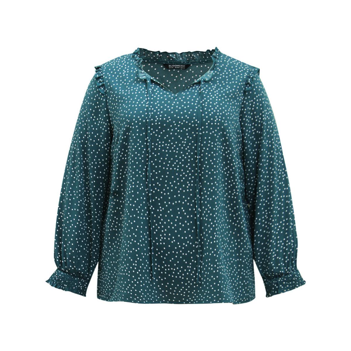 Plus Size Cyan Polka Dot Shirred Tie Neck Frill Trim Blouse Women Elegant Long Sleeve Tie Neck Dailywear Blouses BloomChic 30/6X Product Image