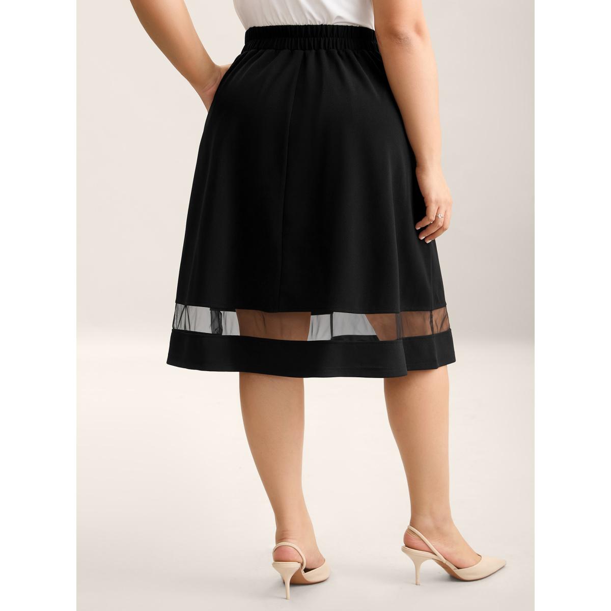 Plus Size Sheer Hem Flared Plain Midi Skirt Women Black Formal See through Bodycon Low stretch Slanted pocket Party Skirts BloomChic 12/L Product Image