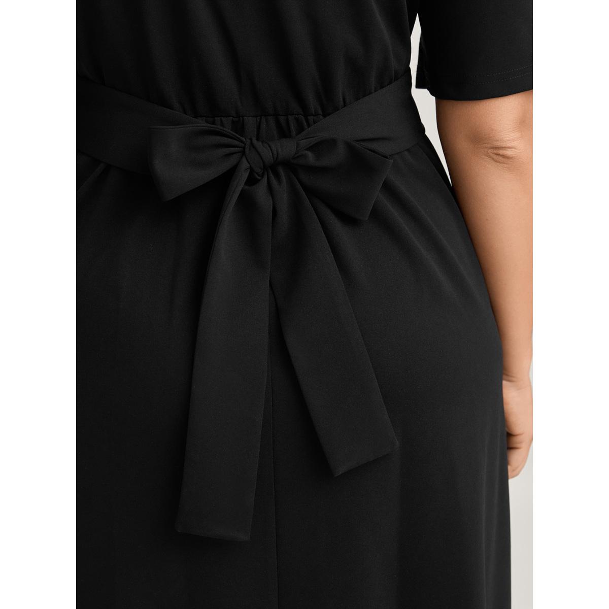Plus Size Super Stretchy Overlap Waist Midi Dress Black Women Timeless Tie knot Heart neckline Short sleeve Curvy BloomChic 28/5X Product Image