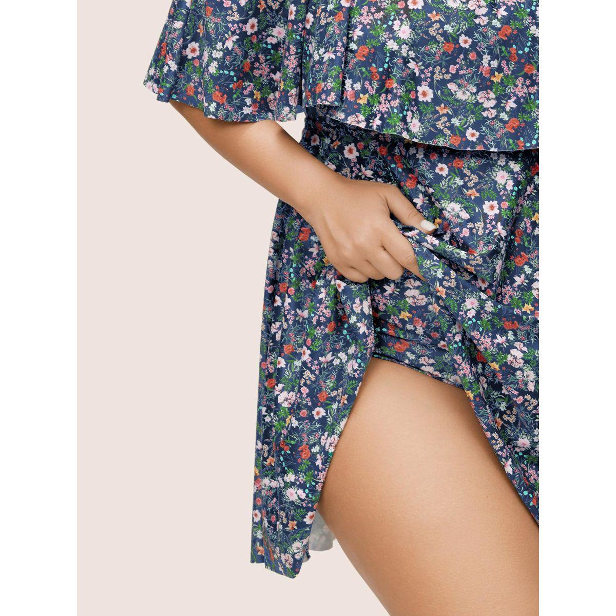 Plus Size Ditsy Floral Ruffles Cold Shoulder Swim Dress Women's Swimwear Indigo Beach Bodycon One-shoulder neck High stretch Curve Swim Dresses BloomChic 28/5X Product Image