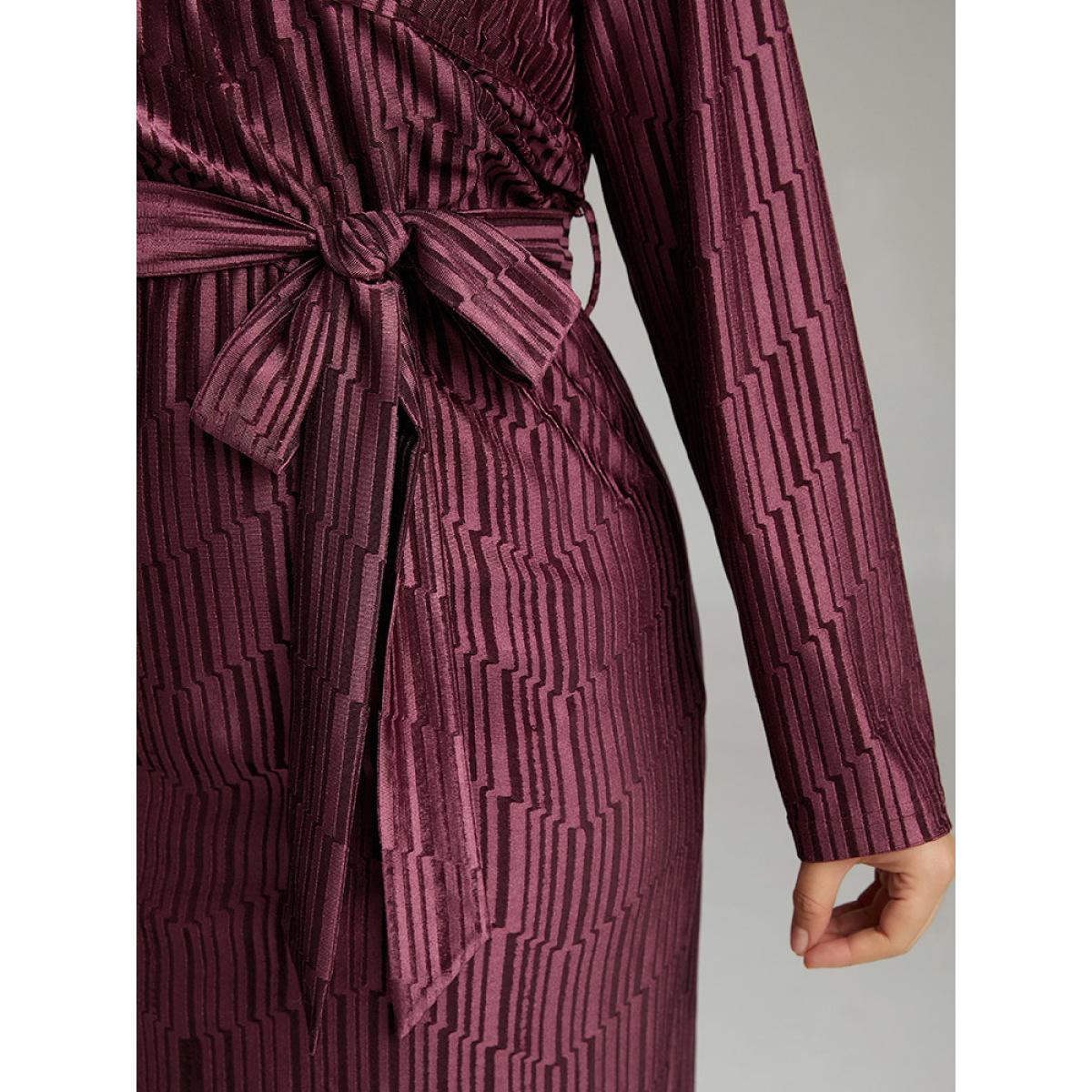 Plus Size Geometric Velvet Belted Split Hem Dress RedViolet Women Cocktail Wrap Overlap Collar Long Sleeve Curvy Knee Dress BloomChic 18-20/2X Product Image