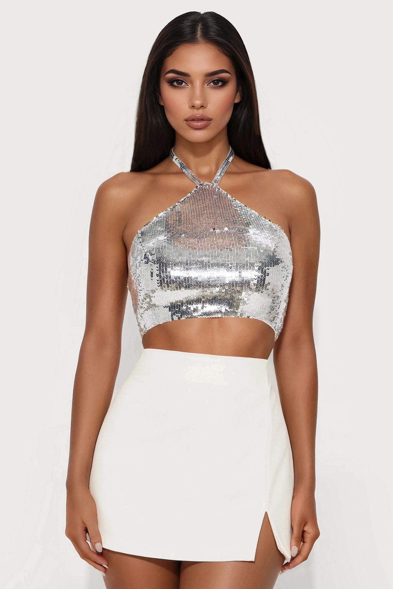 One Night Only Sequin Halter Top - Silver Female Product Image