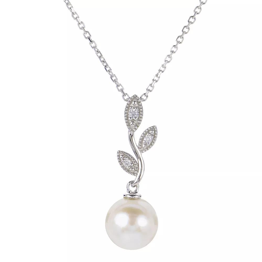 PearLustre by Imperial Sterling Silver Freshwater Cultured Pearl & Lab-Created White Sapphire Vintage Leaf Pendant Necklace, Womens Product Image