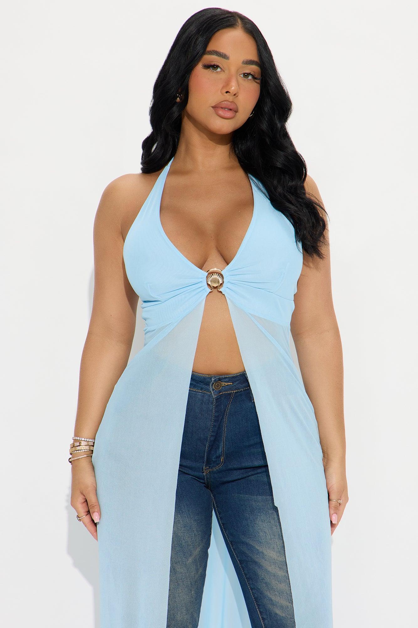 Ocean's Rhythm Long Mesh Halter Top - Blue Product Image