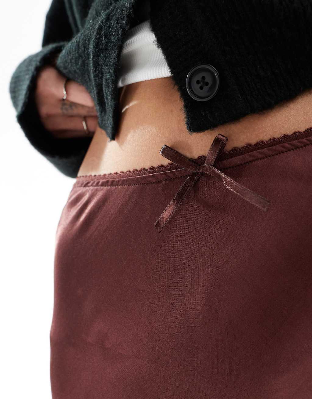 Miss Selfridge satin bias cut mini skirt with bow in chocolate Product Image