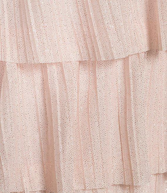 Honey and Rosie Glitter Sheer Matte Jersey Twist Front Keyhole Pleated Ruffle Tiered Gown Product Image