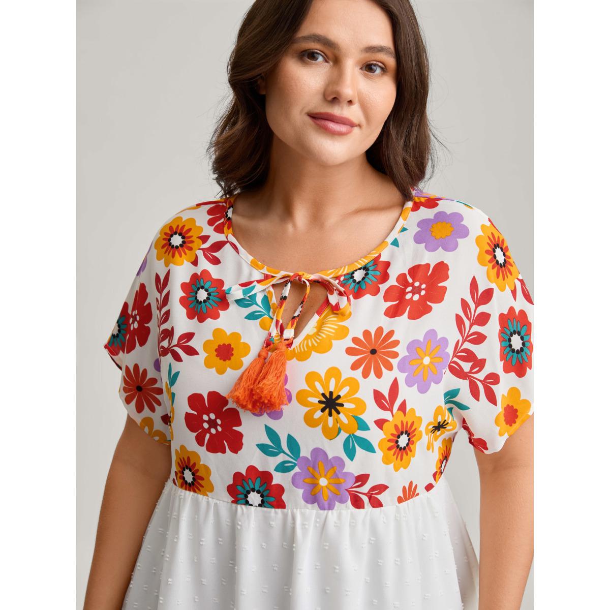 Plus Size WhiteSmoke Floral Print Neck-Tie Babydoll Top Women Resort Short sleeve Non Vacation Blouses BloomChic 28/5X Product Image