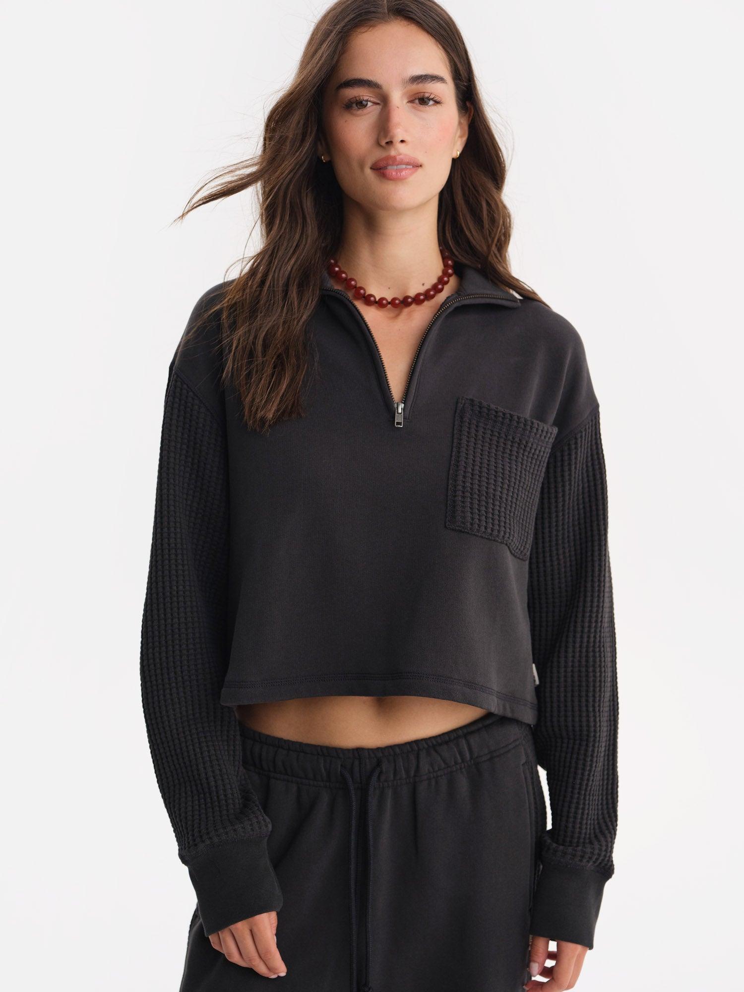 Organic Fleece and Waffle Cropped Half-Zip Sweatshirt Female Product Image