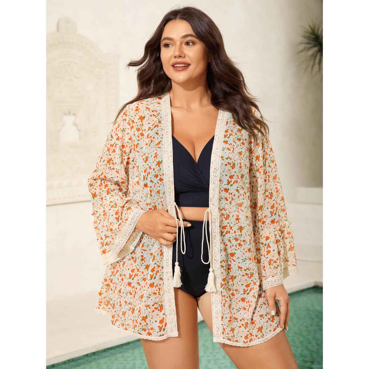 Plus Size Fine Glitter Print Front-Tie Kimono Women Brightorange Tie knot Loose Vacation Kimonos BloomChic 30/6X Product Image