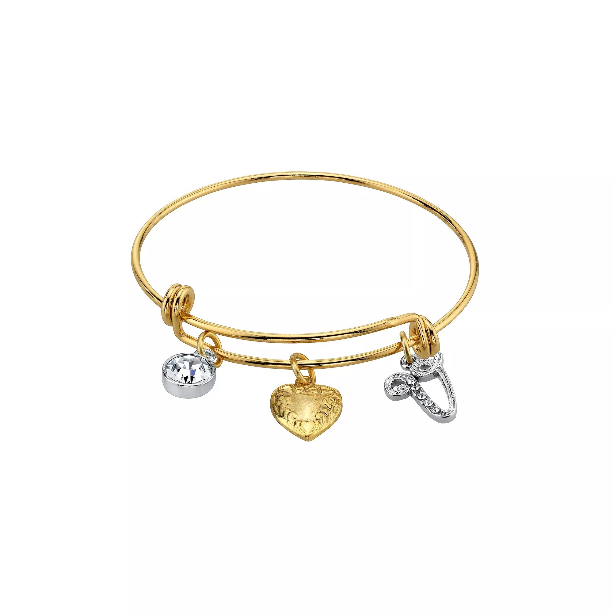 1928 Two Tone Crystal, Heart & Initial Charm Bangle Bracelet, Womens Product Image