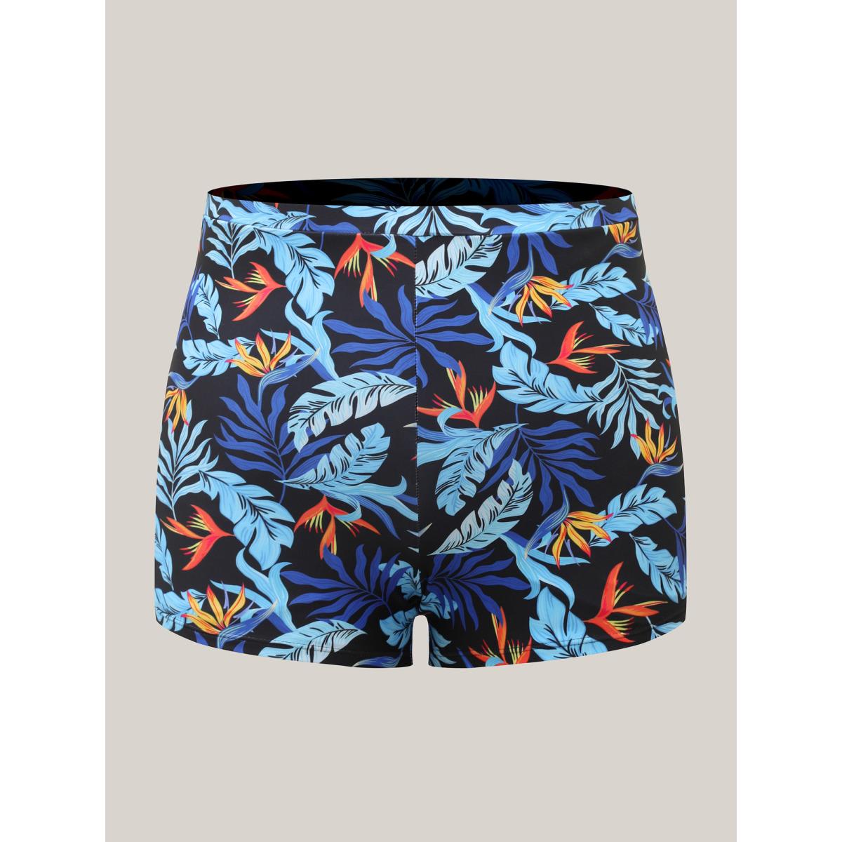 Plus Size Tropical Leaf Fit Flare Swim Dress Women's Swimwear BlackFlower Resort Bodycon U-neck High stretch Curve Swim Dresses BloomChic 22-24/3X Product Image