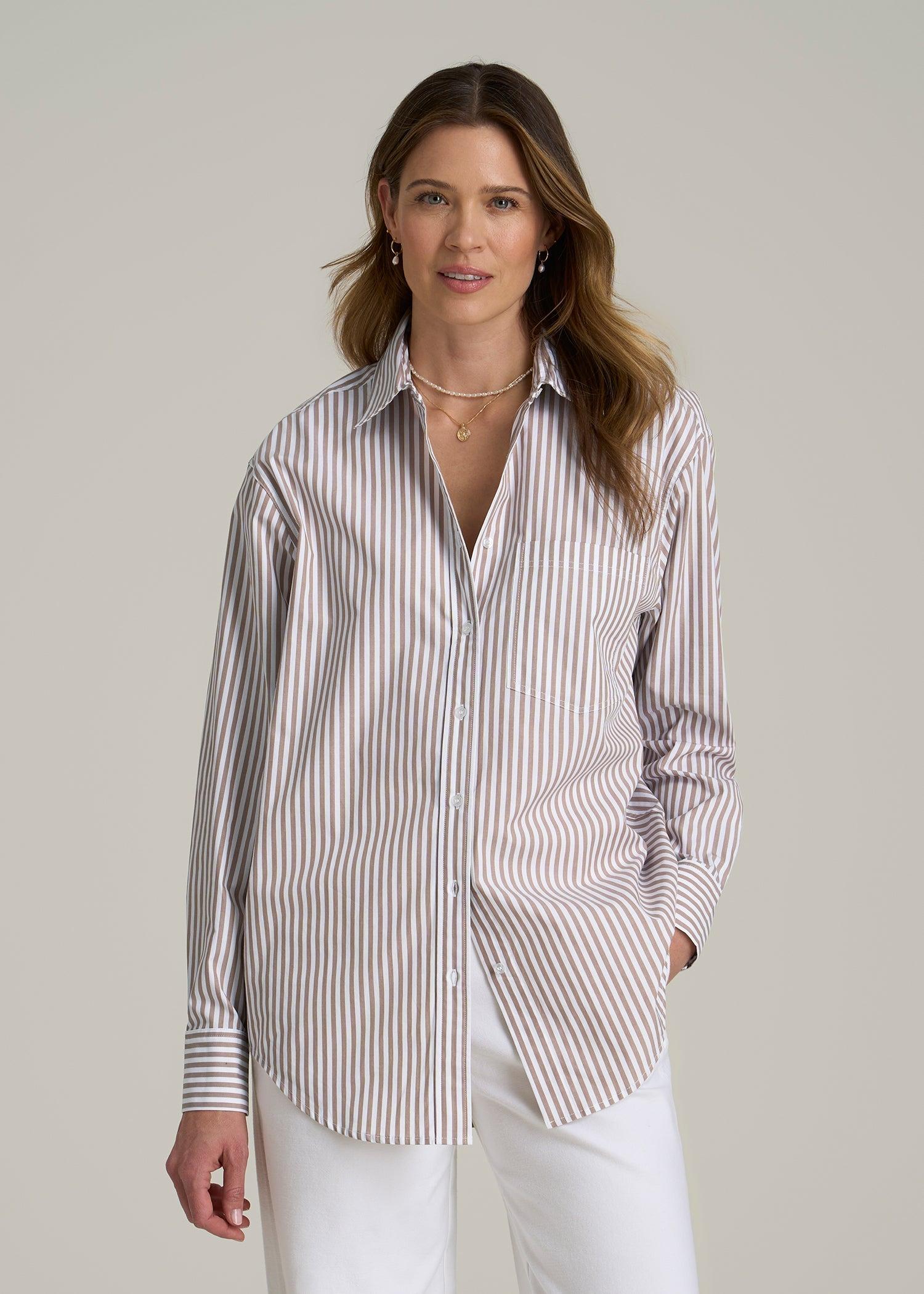 Relaxed Poplin Button-Up Shirt for Tall Women in Brown and White Stripe Female Product Image