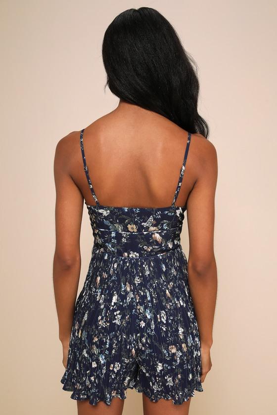 Exceptionally Delightful Navy Floral Plisse Bustier Romper Product Image