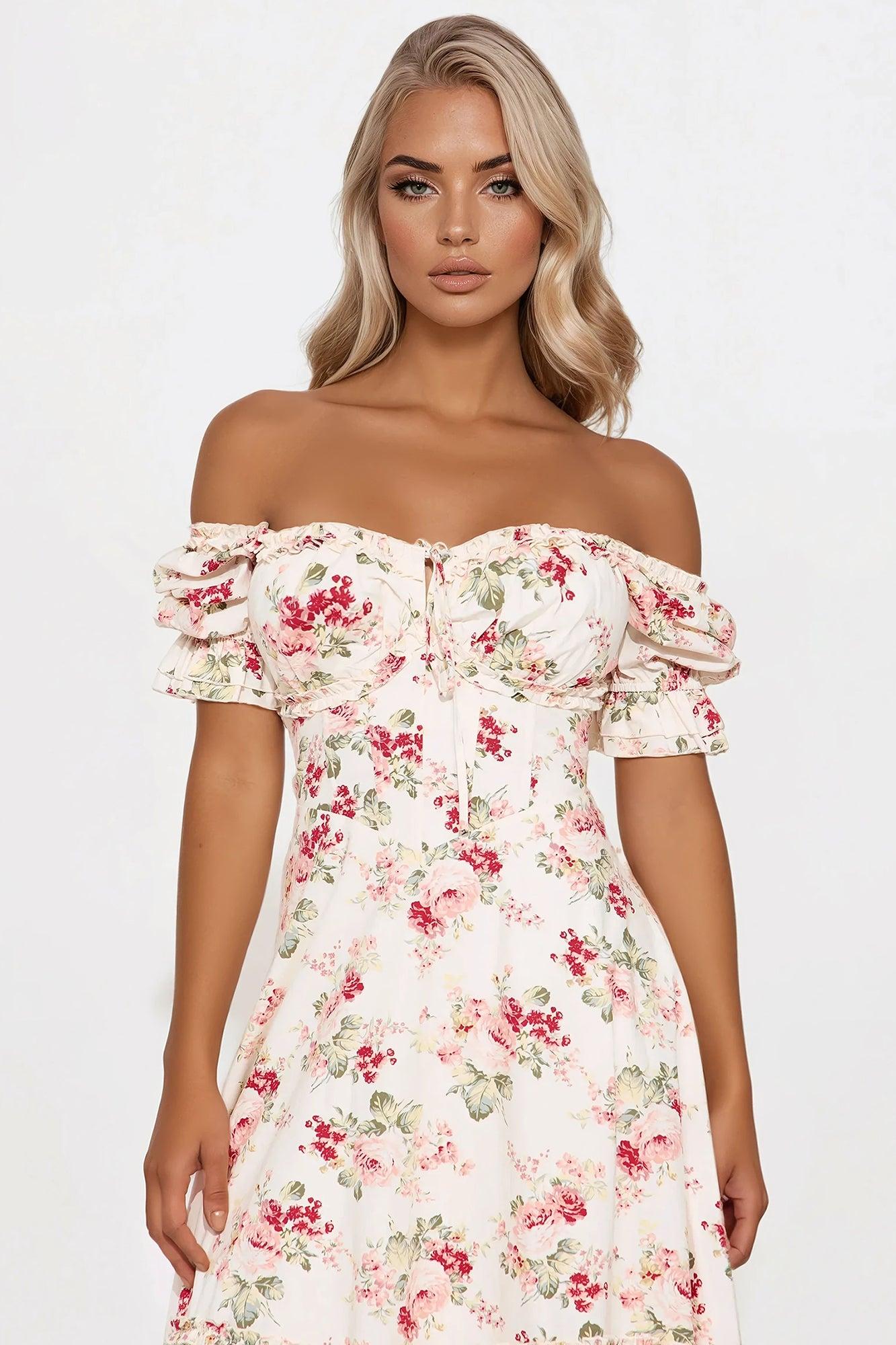 Ellsie Off Shoulder Floral Midi Dress - Pink/combo Product Image