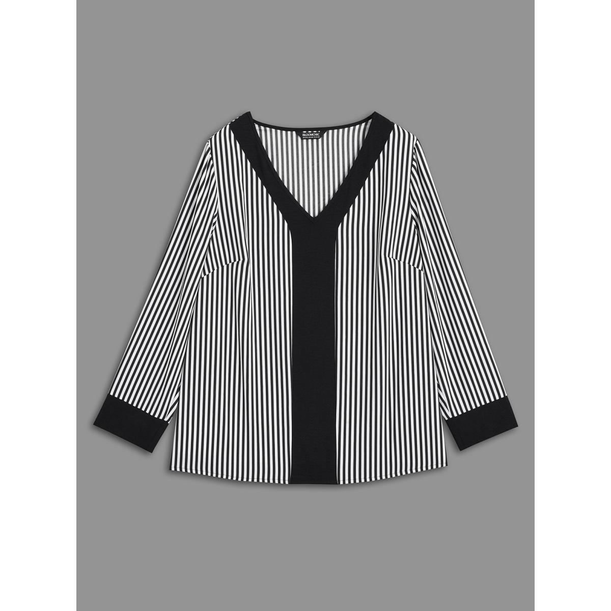 Plus Size Black V Neck Striped Patchwork Blouse Women At the Office Extra Long Sleeve V-neck Work Blouses BloomChic 10/M Product Image