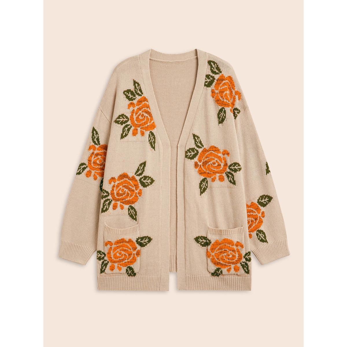 Plus Size Floral Texture Patch Pocket Cardigan LightBrown Women Casual Loose Long Sleeve Everyday Cardigans BloomChic 28/5X Product Image