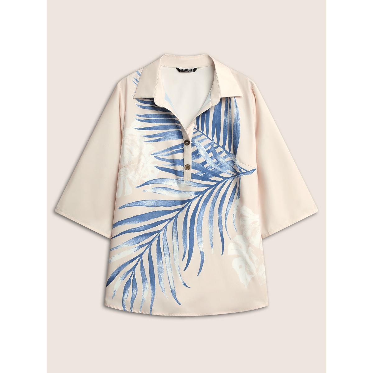 Plus Size Beige Tropical Print Button Up Tab Sleeve Blouse Women Casual Elbow-length sleeve Shirt collar Everyday Blouses BloomChic 22-24/3X Product Image
