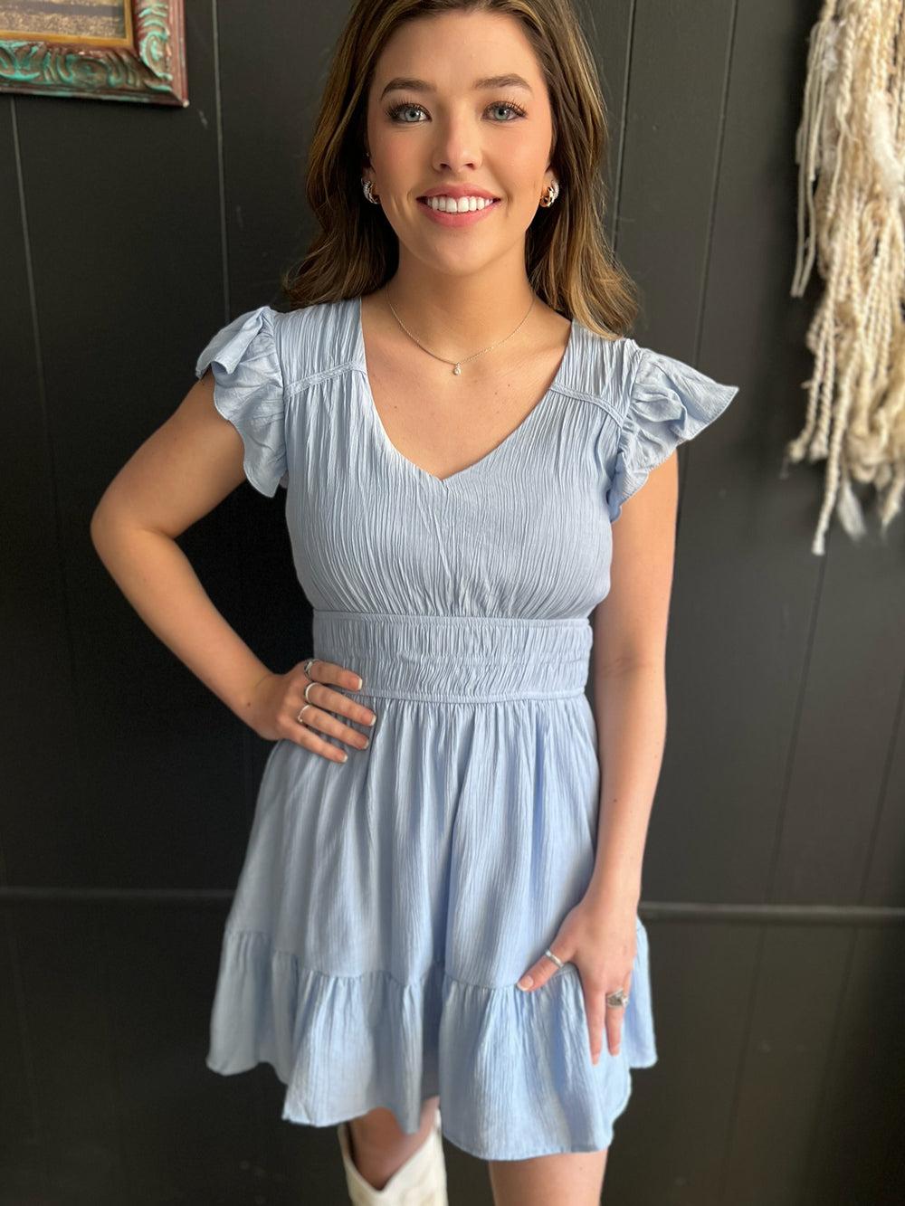 V Neck Short Sleeve Ruffle Detail Shirred Mini Dress- 4 Colors* Product Image