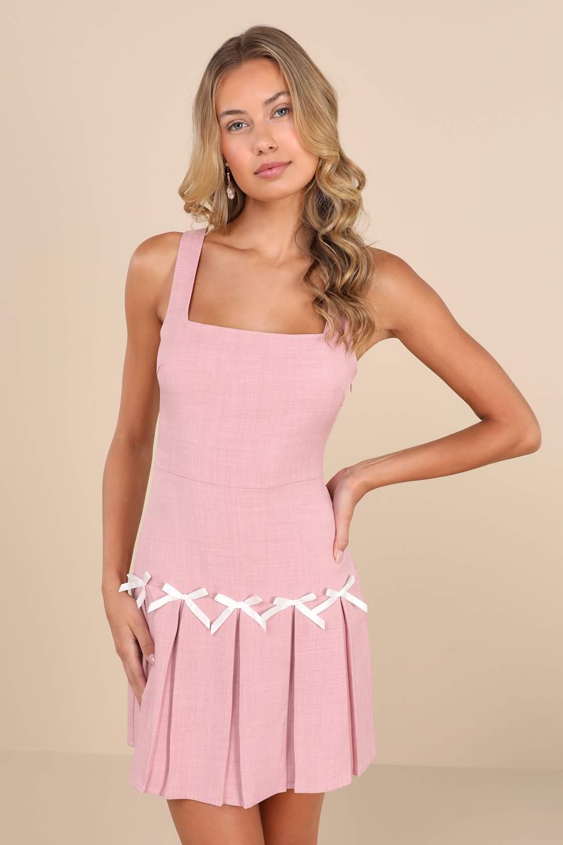Undeniably Adorable Pink Pleated Sleeveless Bow Mini Dress Product Image