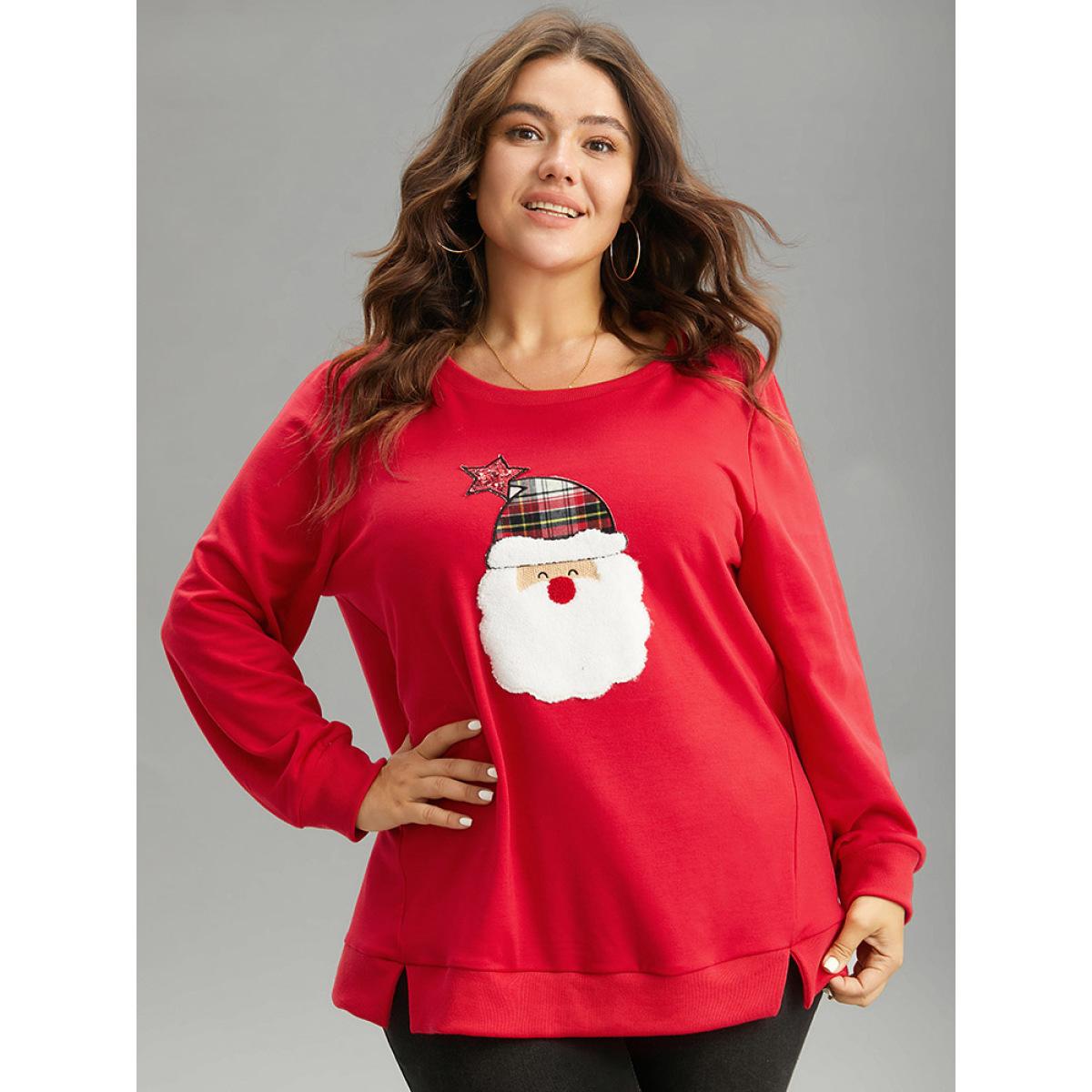 Plus Size Santa Claus Graphic Split Detail Sweatshirt Women Red Casual Rib Knit Festival-Christmas Sweatshirts BloomChic 12/L Product Image