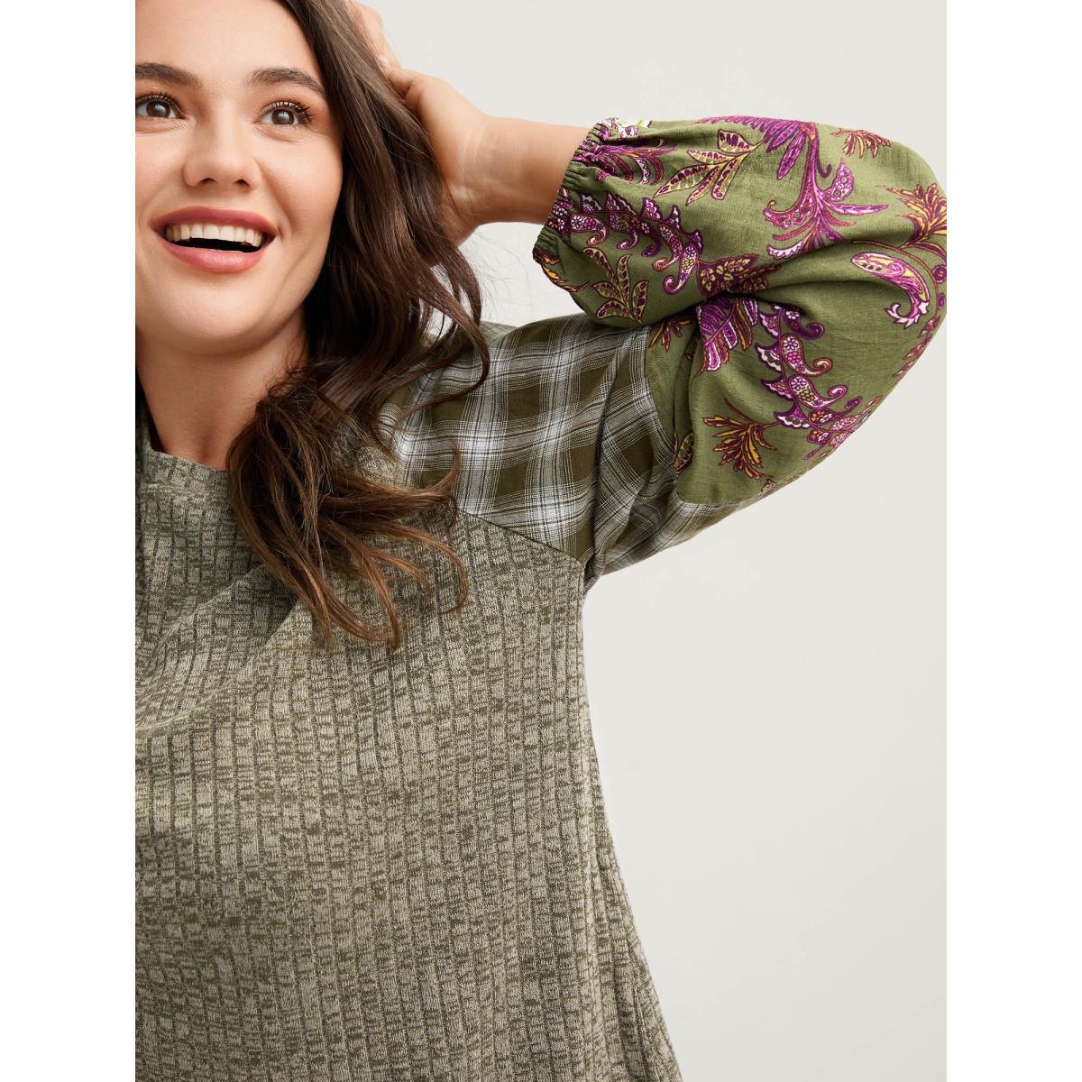 Plus Size Plaid Sleeve Color Contrast Textured Sweatshirt Women ArmyGreen Leisure Texture Round Neck Casual Sweatshirts BloomChic 12/L Product Image