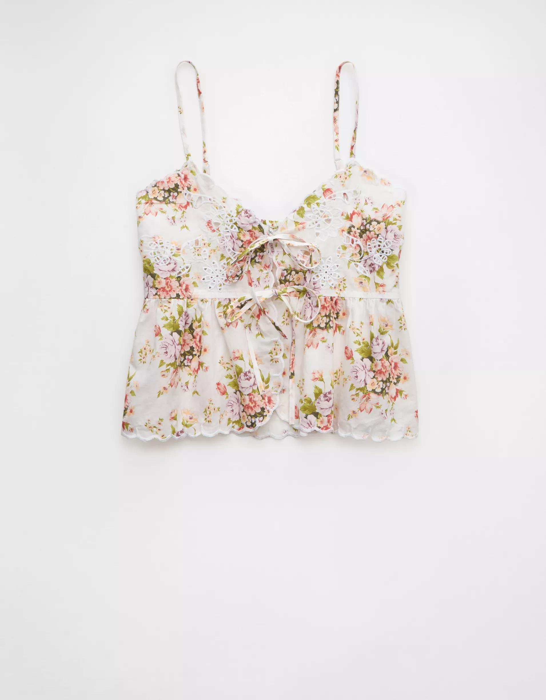 AE Tie Front Embroidered Tank Top Product Image