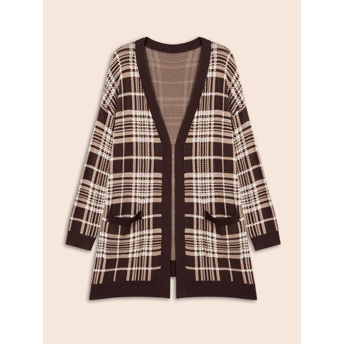 Plus Size Plaid Open Front Patch Pocket Cardigan DarkBrown Women Casual Loose Long Sleeve Everyday Cardigans BloomChic 10/M Product Image