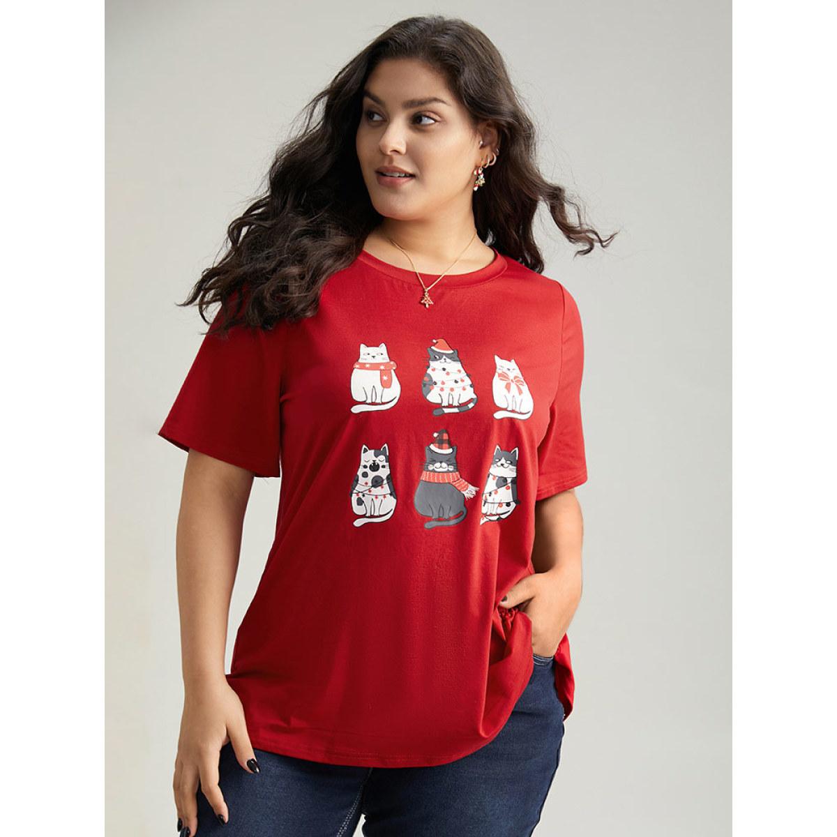 Plus Size Christmas Cat Print Round Neck T-shirt Red Women Casual Printed Christmas Festival-Christmas T-shirts BloomChic 10/M Product Image