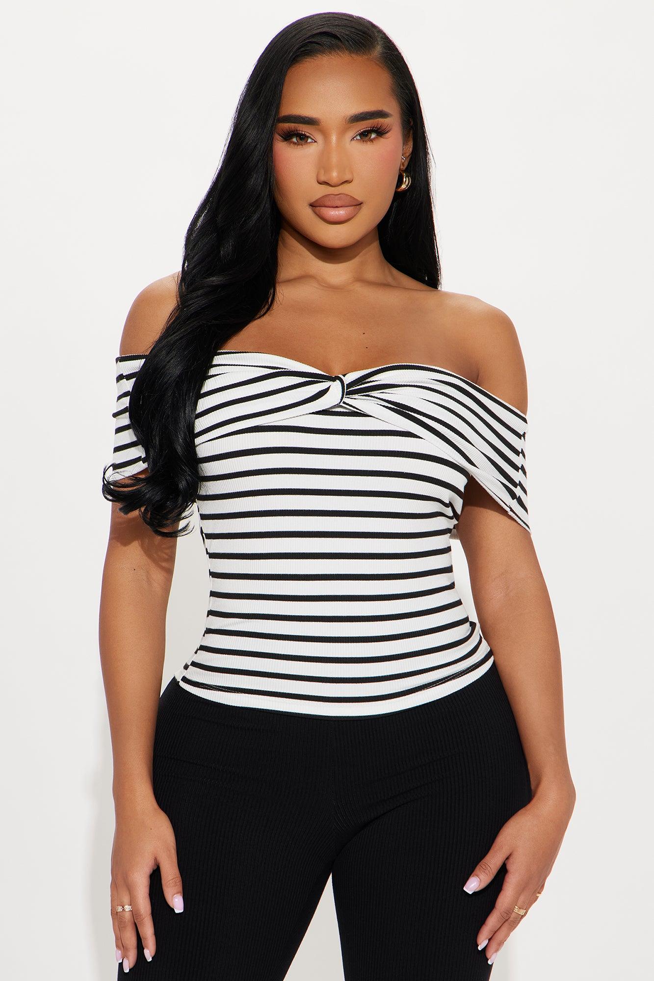 Arianna Off Shoulder Striped Crop Top - White/Black Product Image