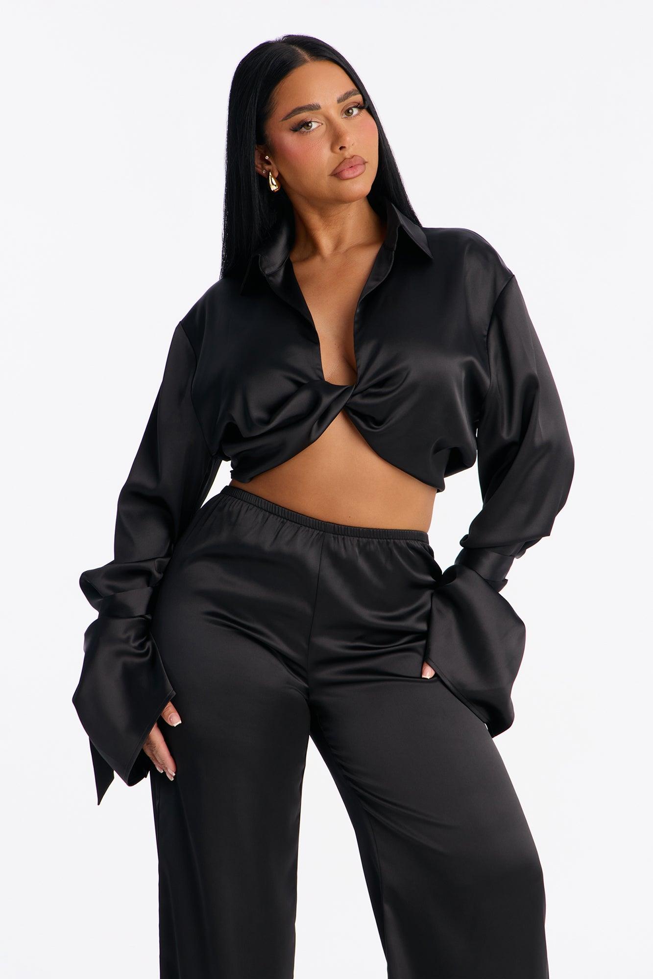 Lost In Allure Satin Pant Set - Black Female Product Image