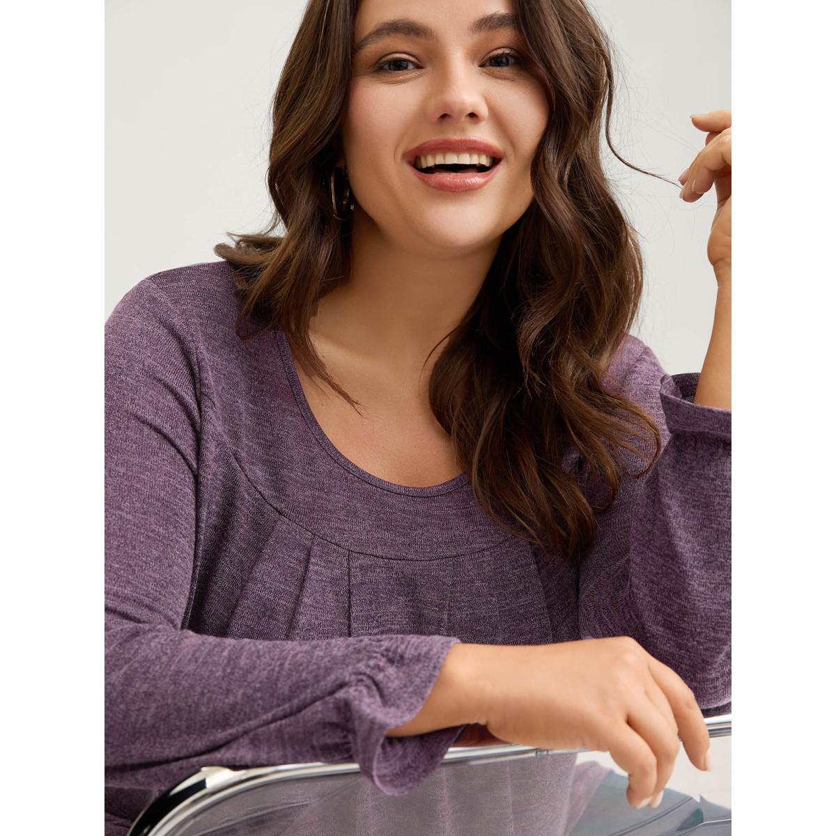 Plus Size Round Neck Heather Pleated T-shirt Black Women Leisure Pleated Round Neck Loose Casual T-shirts BloomChic 26/4X Product Image