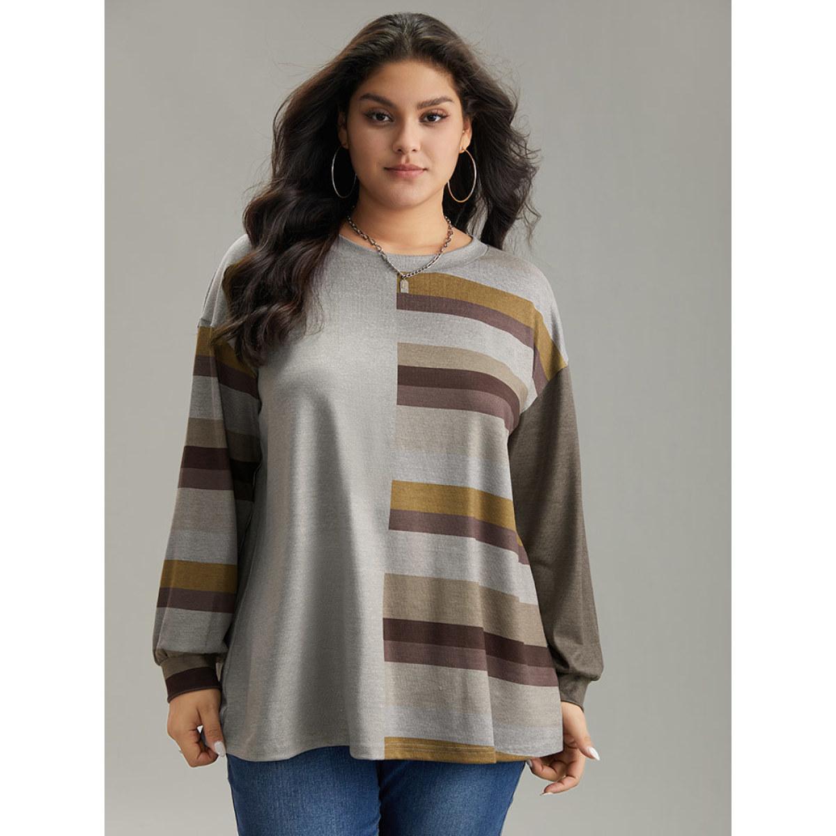 Plus Size Striped Patchwork Contrast Crew Neck Sweatshirt Women DimGray Casual Elastic cuffs Round Neck Dailywear Sweatshirts BloomChic 12/L Product Image