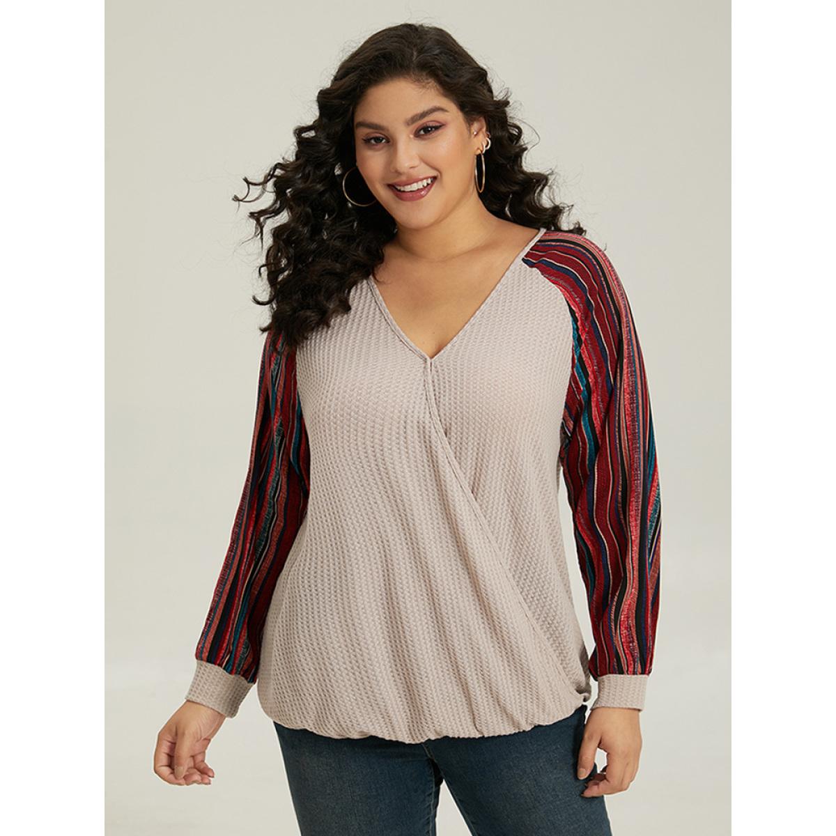 Plus Size Bandana Print Patchwork V Neck Raglan Sleeve T-shirt LightBrown Women Casual Elastic cuffs Bohemian Print Overlap Collar Dailywear T-shirts BloomChic 10/M Product Image