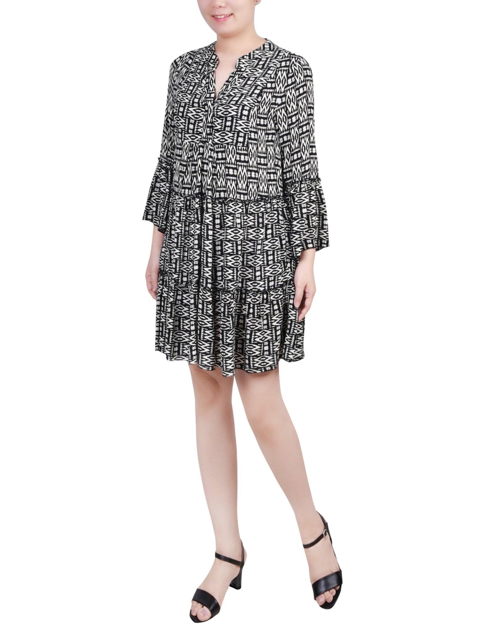 Tribal Black 3/4 Sleeve Tiered Dress - Petite Product Image