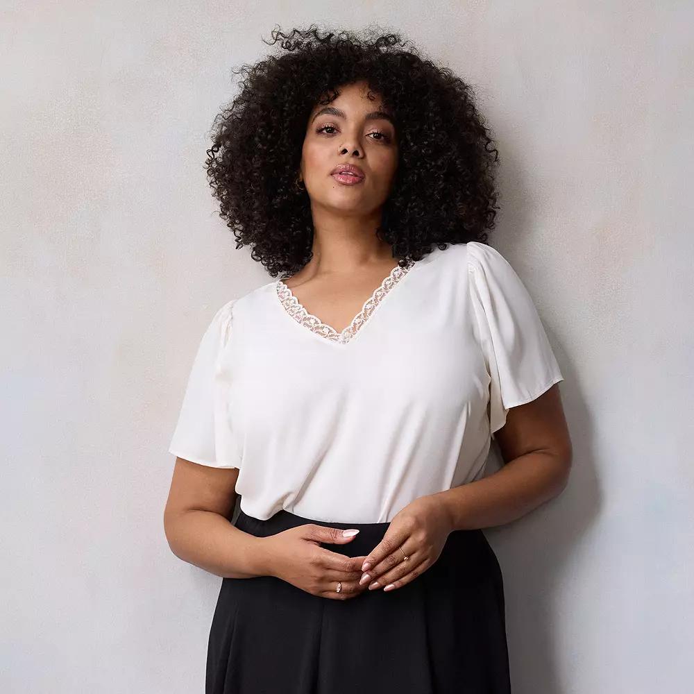 Plus Size LC Lauren Conrad Flutter Sleeve Lace V-Neck Top, Womens Product Image