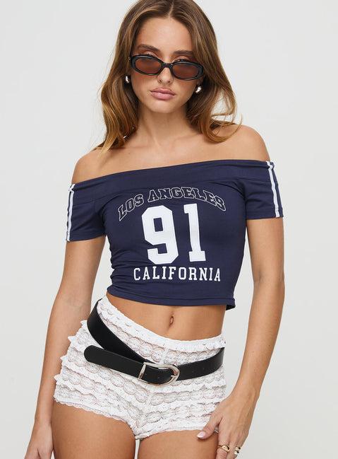 Serendipia Off The Shoulder Graphic Top Navy Product Image