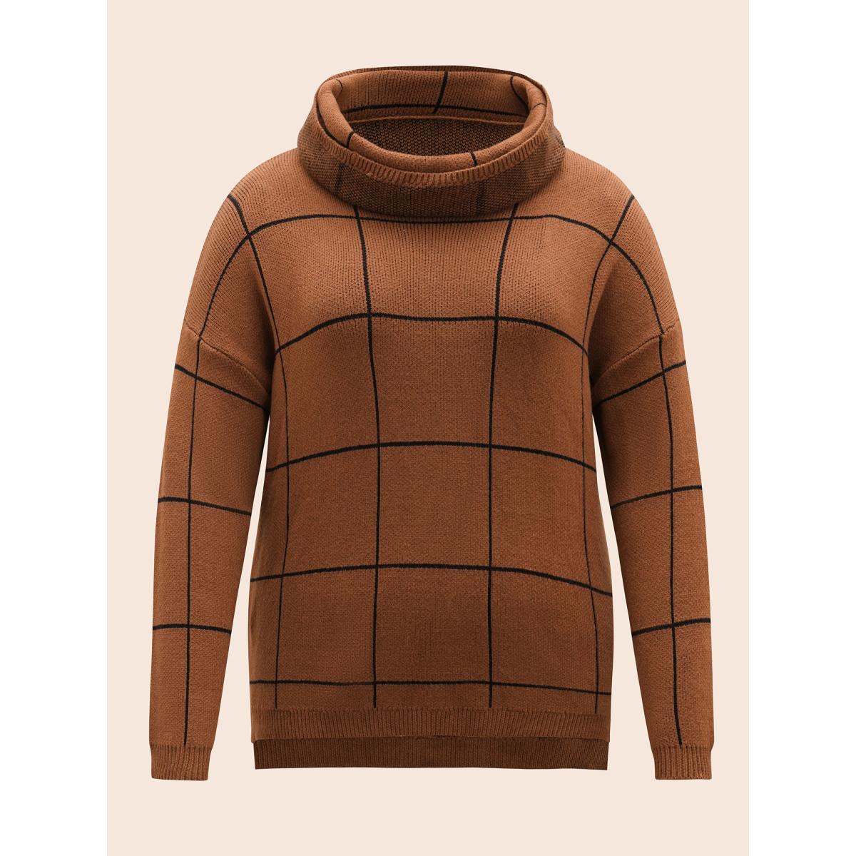 Plus Size Supersoft Essentials Turtleneck Plaid Drop Shoulder Pullover Browncoffeecolor Women Leisure Loose Long Sleeve Turtleneck Casual Pullovers BloomChic 14-16/1X Product Image