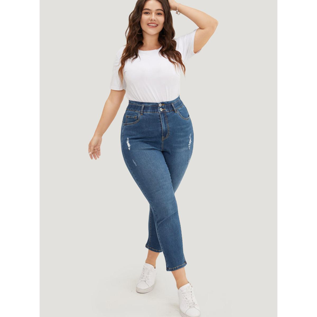 Plus Size Very Stretchy High Rise Medium Wash Ripped Jeans Women Indigo Casual Plain High stretch Pocket Jeans BloomChic 28/5X Product Image