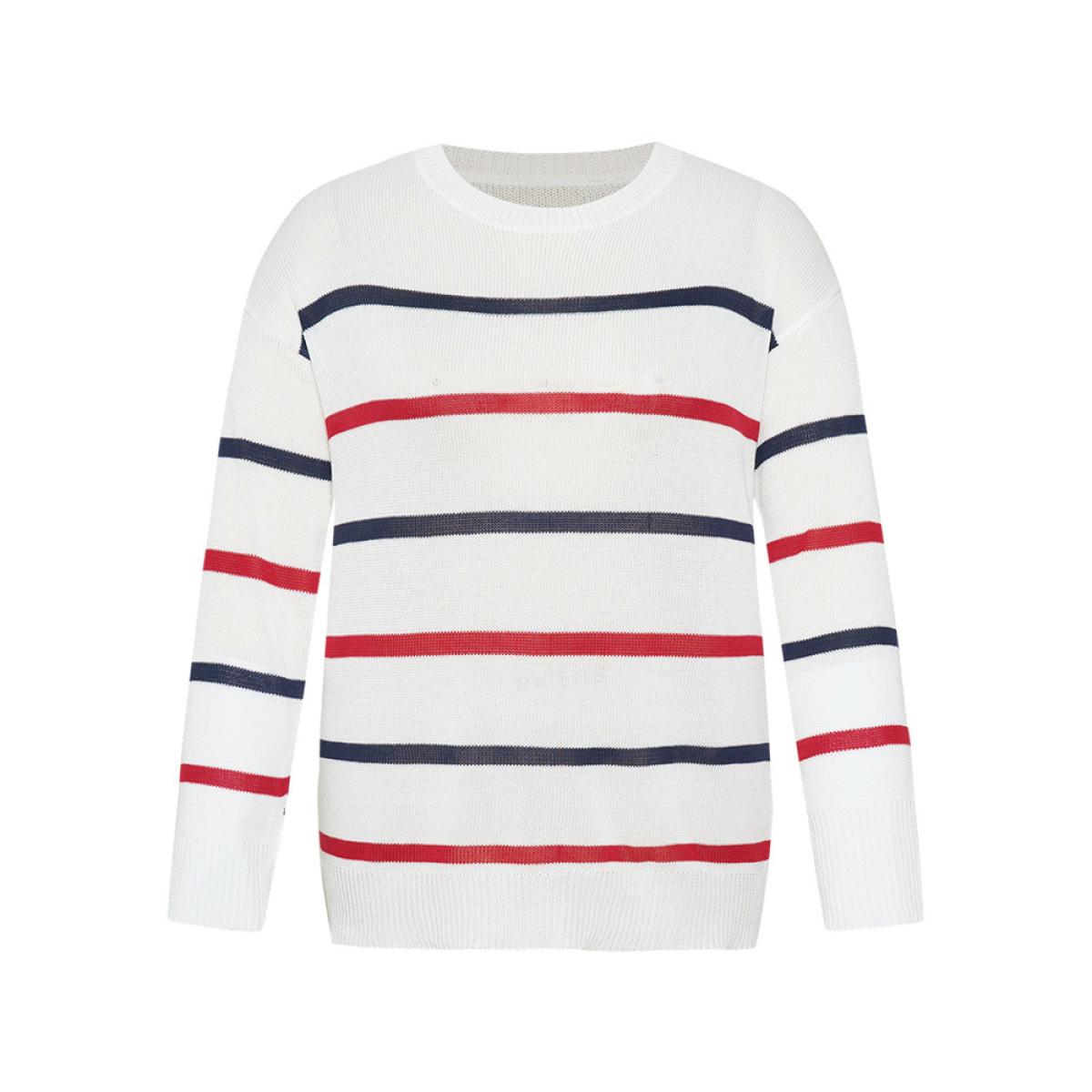 Plus Size Striped Contrast Drop Shoulder Pullover White Women Casual Bodycon Long Sleeve Round Neck Dailywear Pullovers BloomChic 18-20/2X Product Image