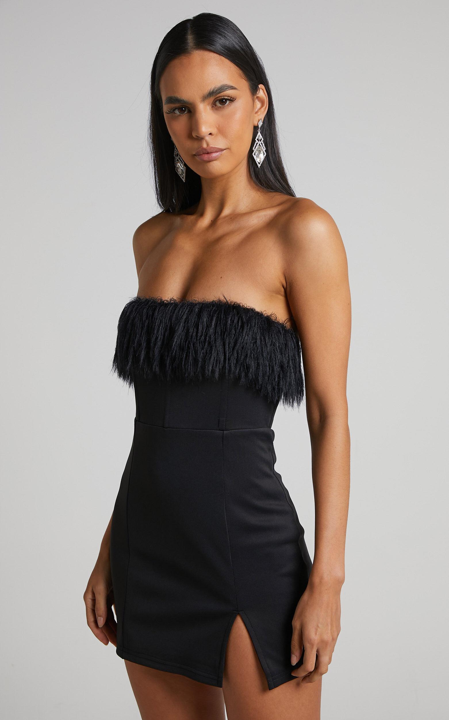 Rhaiza Mini Dress - Faux Feather Trim Strapless Dress in Black Product Image