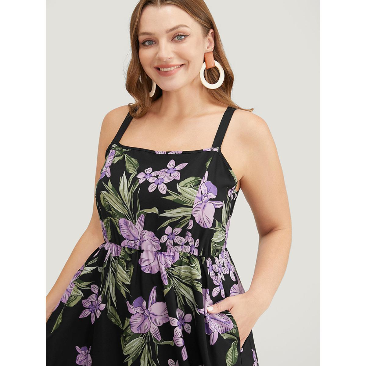 Plus Size Floral Pocket Adjustable Straps Ruffle Hem Cami Dress Black Women Elegant Adjustable Straps Spaghetti Strap Sleeveless Curvy Midi Dress BloomChic 22-24/3X Product Image